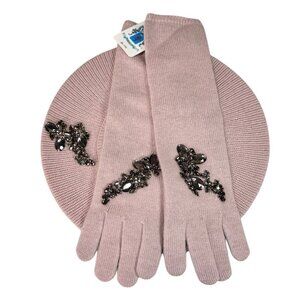 NWT Portolano Beret Hat & Long Gloves Set 2 PCs Blush Beaded Embellished OS